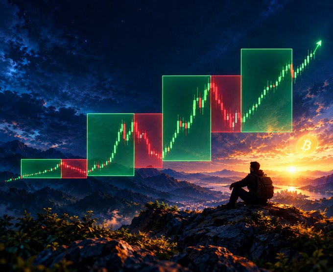 A dramatic digital artwork showing a person sitting on a cliff at sunset with city lights below, overlaid with green and red candlestick charts showing an upward trend and a Bitcoin symbol.