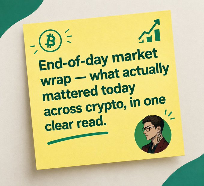 A yellow sticky note-style graphic with green Bitcoin and chart icons, advertising an 'End-of-day market wrap — what actually mattered today across crypto, in one clear read,' featuring an illustrated avatar of a tattooed man with glasses.
