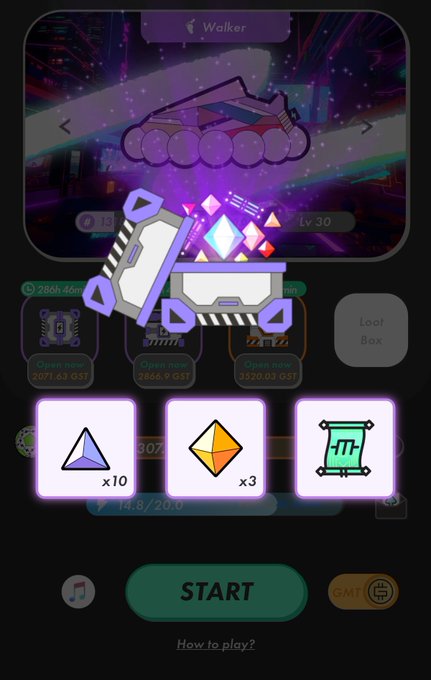 A mobile game screenshot showing an open loot box with purple glowing effects and three item rewards including gems and tickets.
