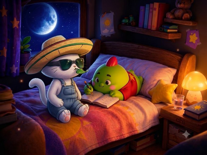 A whimsical illustration of a white cat wearing sunglasses and a straw hat sitting on a bed next to a green dinosaur character, reading a book by the light of a mushroom lamp under a full moon.