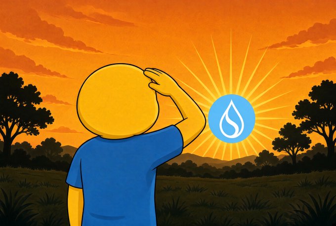 An illustrated cartoon character with a round yellow head salutes toward a blue water droplet logo sun setting over an orange sky and silhouetted African savanna landscape.