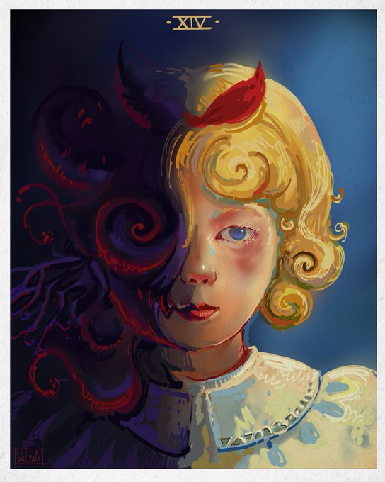 A stylized digital painting of a child with curly blonde hair and a red bird on their head, with dark swirling shadowy forms on one side; marked with "XIV" at the top.