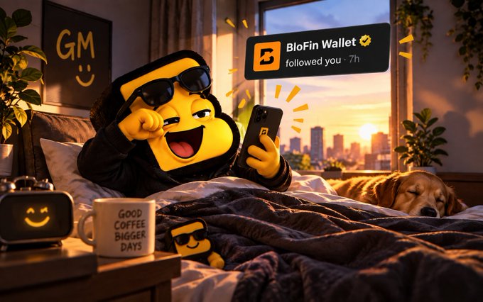A 3D-rendered yellow smiley face character wearing sunglasses, lying in bed holding a phone with a notification from 'BloFin Wallet' showing 'followed you · 7h'.