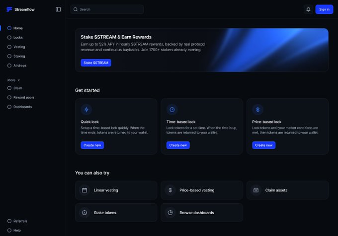 The image shows a screenshot of a webpage with Streamflow written at the top left corner, displaying information about token markets including tokens called "streams" and "earn rewards". The title "Streamflow Started With One Of The Most Important Primitives In Token Markets": Locks, Vesting, Transparency, and on-chain efficiency.