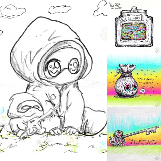A sketchbook page featuring pencil drawings of a hooded figure with glasses, alongside colored sketches of a satchel, a bag with eyes, and a key with text like 'YOUR PRIDE DOWN THIS HAS SEEDED'.