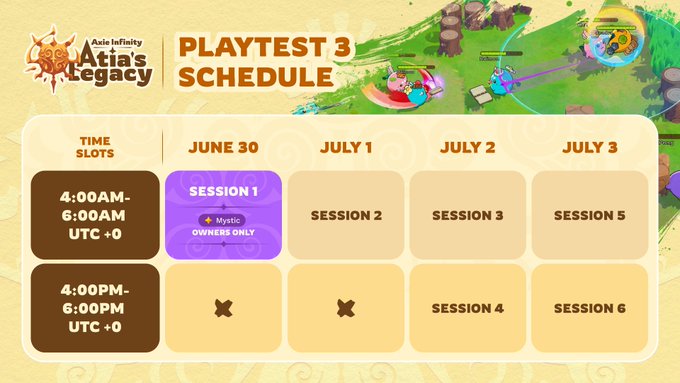 The image displays the "Atia's Legacy Playtest 3 Schedule" for Asia Infinity, outlining six sessions from June 30 to July 3, with Session 1 on June 30 (4:00-6:00 AM UTC+0) reserved for Mystic owners only, while the remaining sessions run in two daily time slots (4-6 AM and 4-6 PM UTC+0) with no sessions on the evening of June 30 and morning of July 1. The schedule complements the playtest announcement detailing PvP gameplay features, including 8-player matches, 5 weapon types, and 2,500 bAXS rewards.
