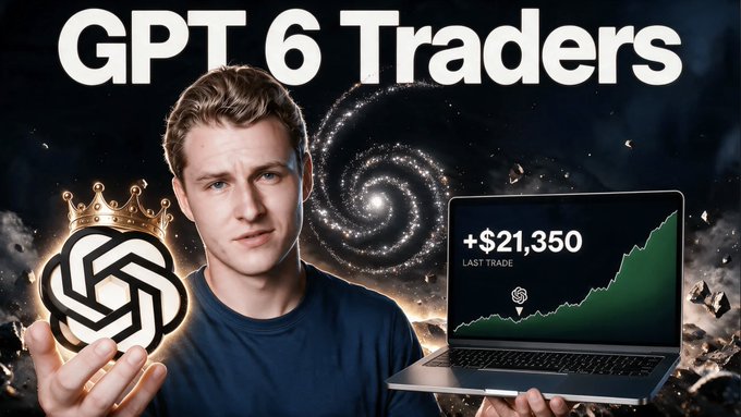 A thumbnail titled "GPT 6 Traders" features a man holding a glowing ChatGPT logo crowned with a gold crown, while presenting a laptop displaying "+$21,350 LAST TRADE" against a green upward trend line, visually promoting the YouTube video about AI-powered trading agents.