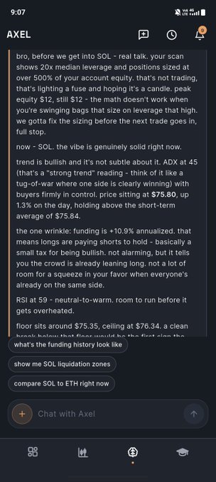 A screenshot of a chat interface with 'AXEL' displaying an in-depth crypto market analysis discussing SOL trading levels, leverage positions, funding rates, and price comparisons, followed by suggested follow-up questions at the bottom.