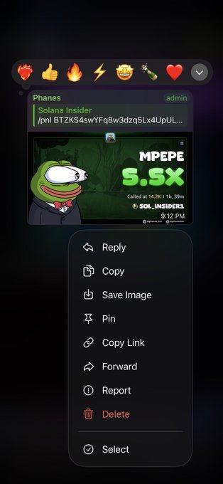 A screenshot of a Telegram message showing a meme about a "MPEPE 5.5X" token by "$OL_INSIDER1," with a menu offering options like Reply, Copy, Save Image, Pin, Copy Link, Forward, Report, Delete, and Select.