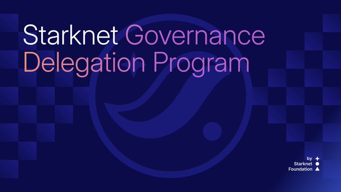 The image features a blue banner with white text that reads "Starknet Governance Delegation Program" against a dark blue background, which appears to be a website or social media page promoting the program. The text also includes an image of a checkerboard pattern and a logo for the Foundation, suggesting that this is a platform where people can apply to become governance delegates and have their voting power distributed among other delegates who want to influence protocol decisions.