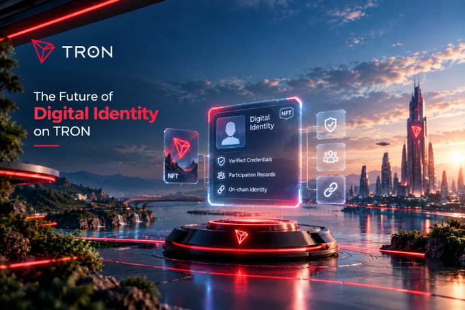 A promotional graphic for TRON featuring the text 'The Future of Digital Identity on TRON' alongside a futuristic cityscape, displaying features like 'Verified Credentials', 'Participation Records', and 'On-chain Identity'.