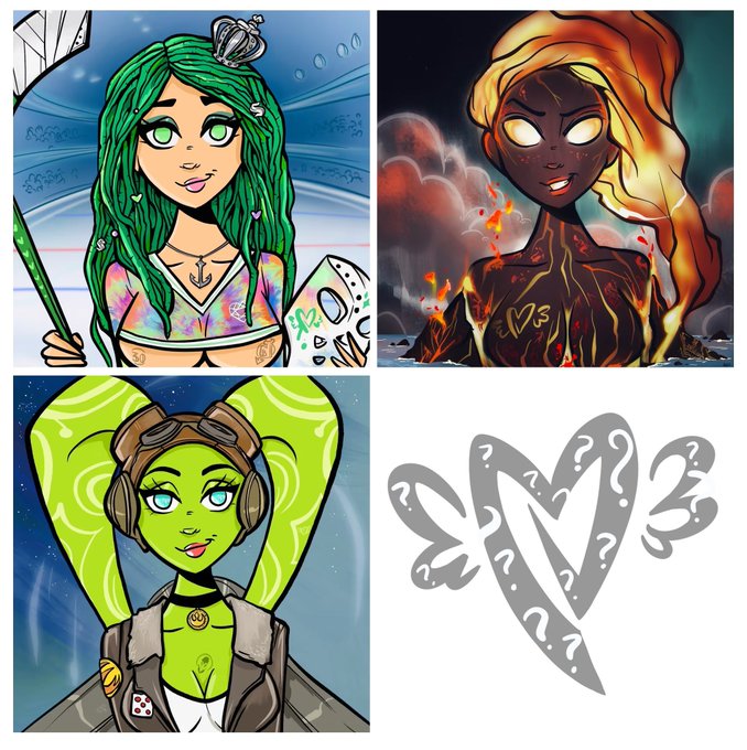 A collage of four images: three cartoon-style illustrations of female characters (a green-haired mermaid, a lava woman, and a green alien with headphones) and a gray heart with question marks.