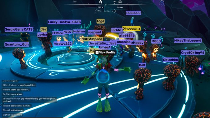 A screenshot from a virtual reality game featuring a character in an underwater-themed arena with lava rock formations and other players visible as floating name tags.
