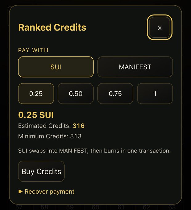A 'Ranked Credits' purchase interface showing payment options of SUI or MANIFEST, with 0.25 SUI selected for an estimated 316 credits.