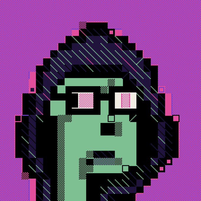 A pixel art portrait of a green-skinned character with dark hair and pink eyes, rendered in a glitchy retro style with magenta and cyan lines on a purple background.