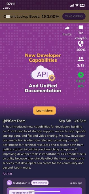 A mobile screenshot of a Pi Network app interface with Vietnamese text, highlighting "New Developer Capabilities" including API and Unified Documentation, dated Sep 5th at 4:02am.