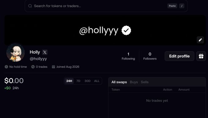 A profile page for trader "Holly" (@hollyyy) on the Fomo platform, showing $0.00 in holdings, 0 trades, joined August 2026, and an empty "No trades yet" section, reinforcing the post's humorous claim of having "turned [her] last few $K into $0."