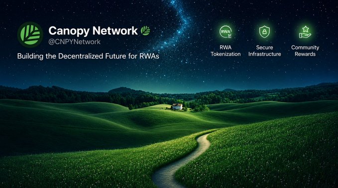 A promotional banner for "Canopy Network @CNPYNetwork" with the tagline "Building the Decentralized Future for RWAs," displaying icons for RWA Tokenization, Secure Infrastructure, and Community Rewards over a landscape of green hills under a starry sky.