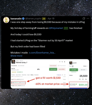 A tweet from banana0x (@banana_crypto) describing losing $1,530 due to a mistake in LPing while farming LP rewards on @Polymarket, with a screenshot highlighting that they got a fill worth $1,530 (~40% at market price).