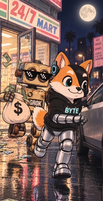 A colorful illustration showing an anthropomorphic Shiba Inu dog character wearing a black hoodie labeled 'BYTE' and robotic legs, carrying a money bag, alongside a robot labeled 'GROK' wearing pixelated sunglasses outside a '24/7 MART' at night.