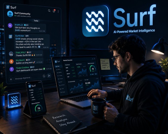 A young man wearing glasses and a 'Surf' hoodie works on a laptop at a dark desk, surrounded by floating digital interfaces for 'Surf, AI-Powered Market Intelligence' showing community chats and market charts.