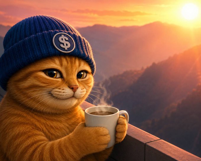 An orange tabby cat wearing a blue beanie with a dollar sign '$' holds a steaming mug while overlooking a sunset mountain landscape.
