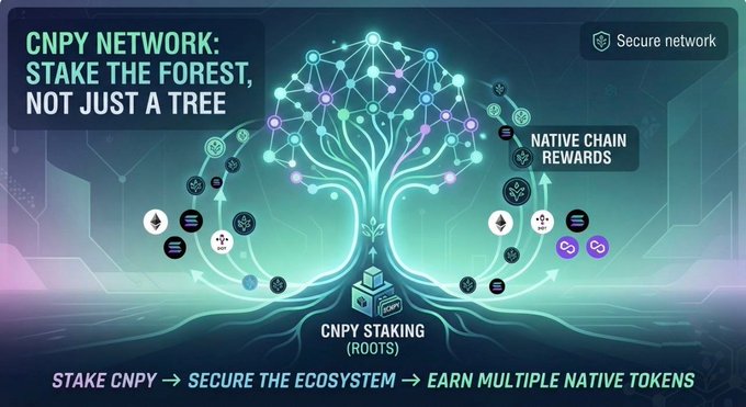 A promotional graphic for 'CNPY NETWORK: STAKE THE FOREST, NOT JUST A TREE' showing a glowing digital tree with various crypto token icons and text about 'CNPY STAKING (ROOTS)' and 'NATIVE CHAIN REWARDS'.