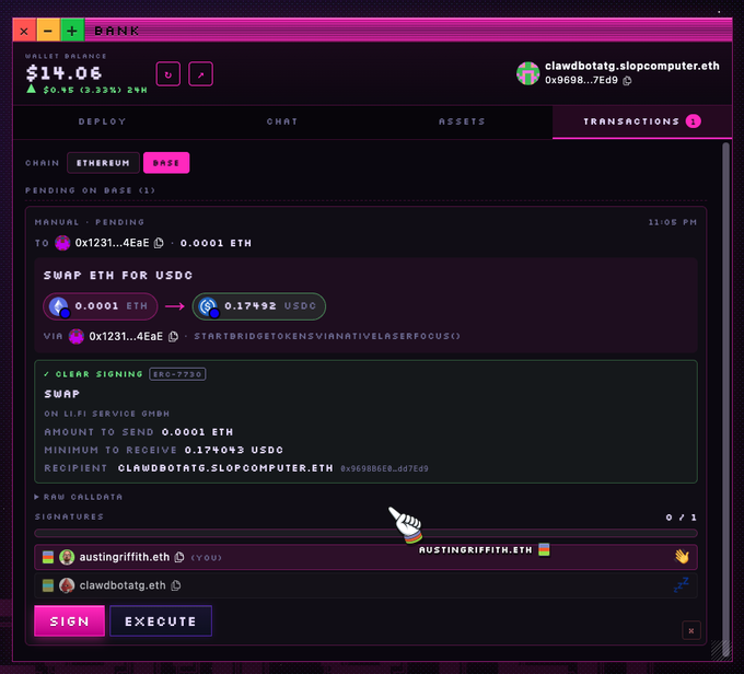 This image shows a transaction in a crypto wallet interface with "CLEAR SIGNING" enabled, indicating a swap of 0.0001 ETH for 0.17492 USDC to the recipient `clawdbotatg.slopcomputer.eth`. The successful execution of this transaction aligns with the accompanying post's claim of a "one-shot 'clear signing'" into a "slop computer".