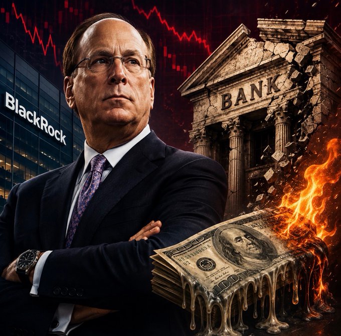 The image depicts BlackRock CEO Larry Fink standing with arms crossed in front of a crumbling bank building labeled "BANK," with a declining stock chart, burning $100 bills, and the BlackRock logo visible in the background. The visuals reinforce the post's message by depicting traditional banking and cash as crumbling and burning, symbolizing Fink's warning about the diminishing value of holding money in bank accounts due to inflation.