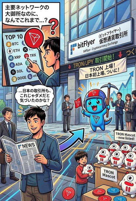 An anime-style illustration depicting TRON's listing on the bitFlyer exchange in Japan, featuring a TRON mascot and various crypto logos like BTC, ETH, and XRP.