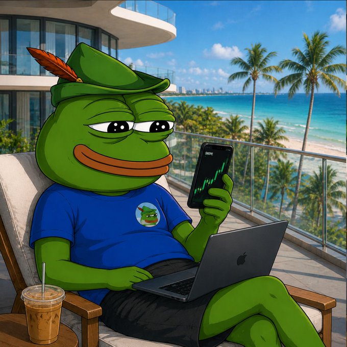 A cartoon illustration depicts a relaxed Pepe the Frog wearing a green Robin Hood hat and a blue t-shirt, holding a smartphone displaying stock charts while using a MacBook on a beachside balcony.