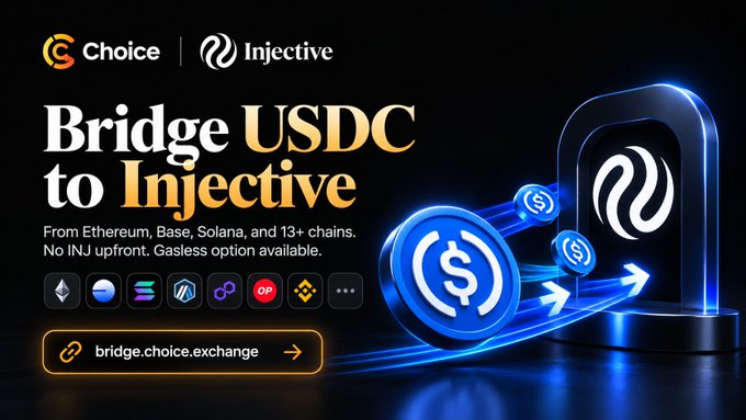 A dark promotional ad for “Choice | Injective” says “Bridge USDC to Injective,” “From Ethereum, Base, Solana, and 13+ chains. No INJ upfront. Gasless option available,” and “bridge.choice.exchange.”