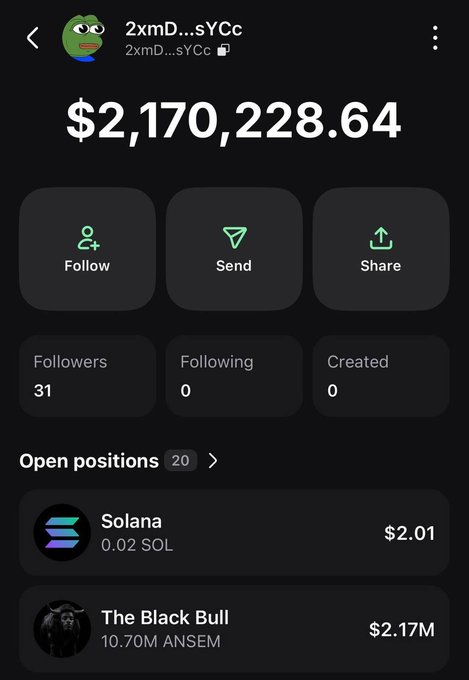 The image shows a crypto portfolio profile for "2xmD...sYCc" displaying a total balance of $2,170,228.64, with 31 followers and 20 open positions, the largest being 10.70M ANSEM ("The Black Bull") valued at $2.17M. This visually confirms the post's claim about a $ANSEM whale holding a $2.17M position.