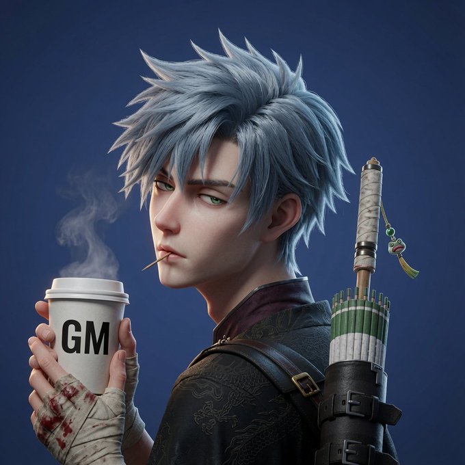 An anime-style character with spiky silver hair holding a steaming coffee cup labeled "GM" with a toothpick in his mouth.