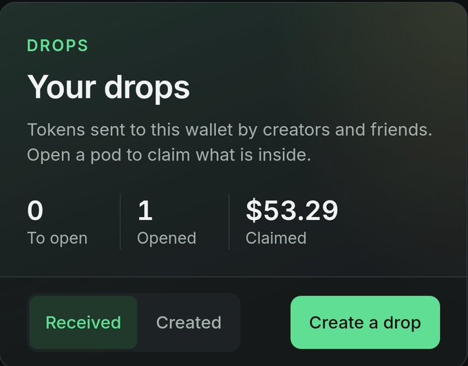 A dark-themed user interface screen showing 'DROPS - Your drops' with statistics: 0 To open, 1 Opened, $53.29 Claimed, along with buttons for Received, Created, and Create a drop.