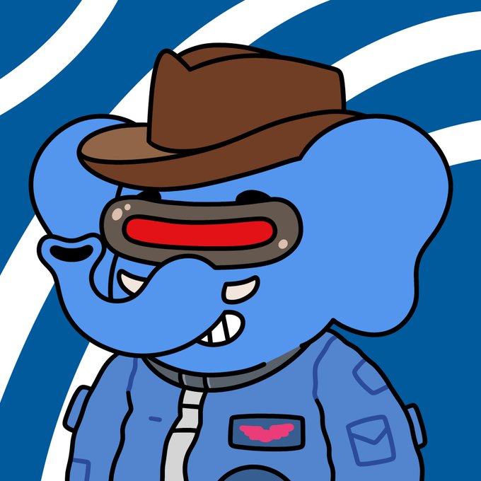 A cartoon-style illustration of a blue elephant character wearing a brown cowboy hat and red futuristic visor goggles, dressed in a blue jacket with an envelope icon patch. The image aligns with the post as a fan-made rendition of the Space Riders PFP (profile picture), showcasing appreciation from the community for the NFT collection.