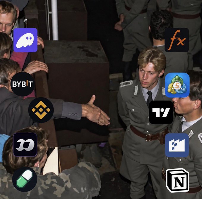 A man in a suit extends his hand to shake with a German soldier while ignoring a line of eager onlookers—overlaid with logos of trading platforms and crypto exchanges (Bybit, Binance, fx, 5paisa, Dash, Notion, DYDX)—humorously illustrating the meme's "levels to this" message by showing the soldier bypassing lesser options for a far more prestigious handshake.