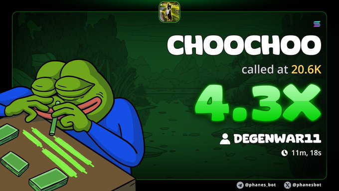 A green-themed meme graphic featuring a cartoon Pepe frog counting money, with the text 'CHOOOCHOO called at 20.6K 4.3X DEGENWAR11' and a timer showing '11m, 18s'.