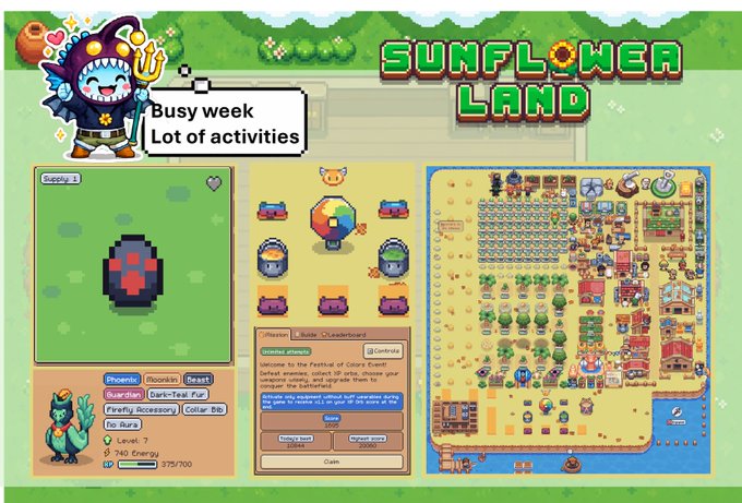A 'Sunflower Land' game dashboard displays a character saying 'Busy week, Lot of activities', showing a pet named 'Beast' (Phoenix), a farm overview, and game menus with limited attempts at the Colors Event.