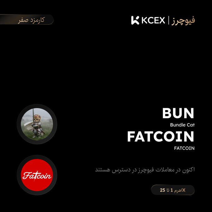 A black promotional graphic for KCEX exchange featuring 'BUN' (Bundle Cat) trading pair with 'FATCOIN', including a price of 25 and Persian/Farsi text.