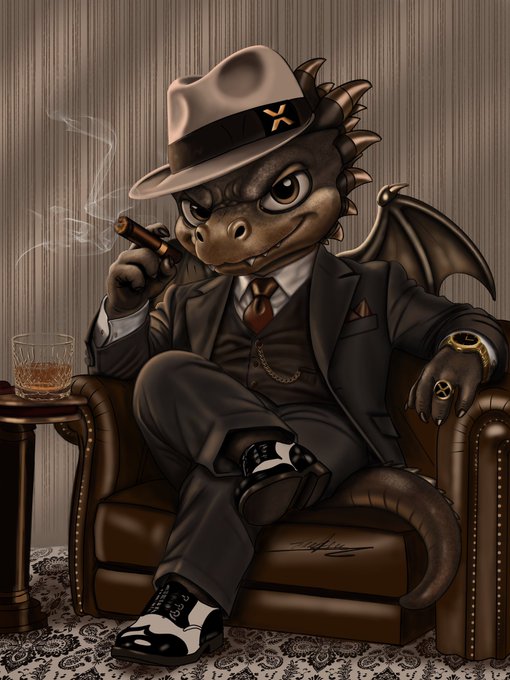 An illustrated anthropomorphic dragon character dressed in a sharp black three-piece suit, fedora, and two-tone shoes sits in a leather armchair smoking a cigar with a glass of whiskey nearby.