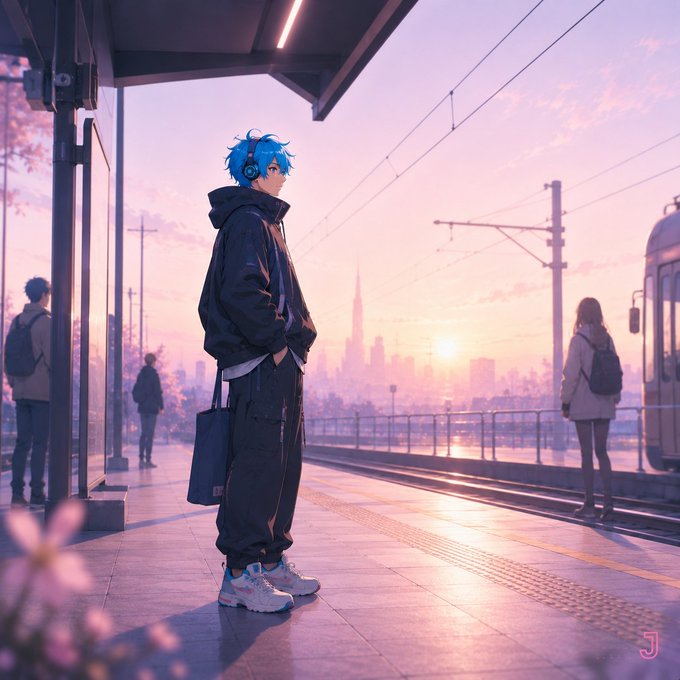 An anime-style illustration of a person with blue hair and headphones waiting at a train station at sunset, with a city skyline in the background.