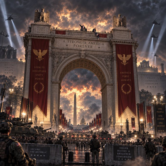 A dramatic, AI-generated illustration of a militarized Washington Square Arch with banners reading 'A STRONGER AMERICA FOREVER', 'LOYALTY DISCIPLINE UNITY POWER', and 'AMERICA FIRST ALWAYS', flanked by soldiers and helicopters.