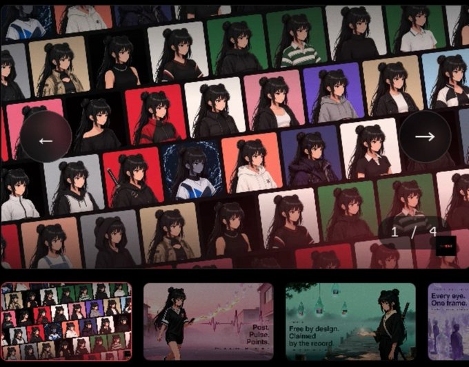 A gallery wall interface displaying multiple portrait thumbnails of an anime character with twin buns, shown in various outfits, with navigation arrows and a page indicator showing '1/4'.