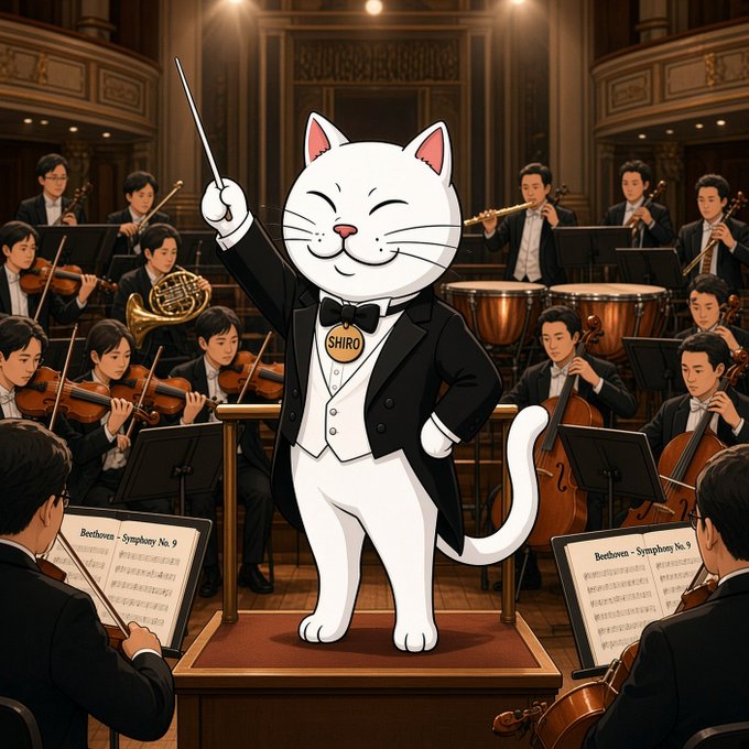 A cartoon white cat named "SHIRO" in a tuxedo conducts an orchestra performing Beethoven's Symphony No. 9, visually personifying the post's metaphor of Shiro token leading the next "movement" in the crypto market.