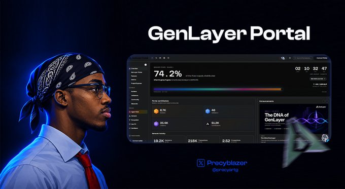 A man in a blue shirt, red tie, and bandana gazes toward a digital dashboard titled "GenLayer Portal," which displays a 74.2% completion score, partner statistics (6.7K, 48, 26.4K, 52.2K), network activity metrics (10.2K, 218K, 2.52), and a section labeled "The DNA of GenLayer." The image, credited to "Precyblazer," visually represents the post's description of the GenLayer Portal as a multi-functional hub where users connect accounts, complete missions, and track their contributions.
