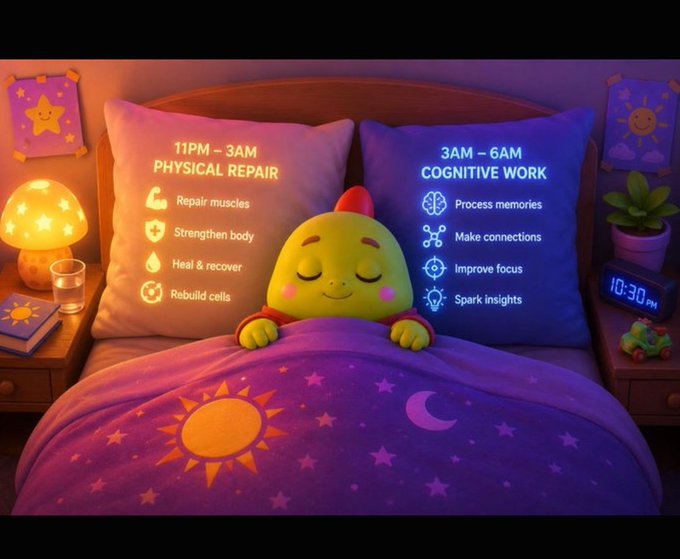 A cute illustration of a character sleeping in bed under a starry blanket, flanked by pillows labeled '11PM - 3AM PHYSICAL REPAIR' and '3AM - 6AM COGNITIVE WORK' with associated benefits like 'Repair muscles' and 'Process memories'.