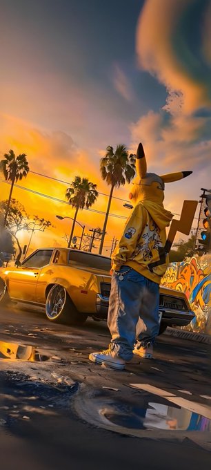 The image features a person dressed in a yellow hoodie and blue jeans standing next to a car with a "Good evening fam" sticker on its side, which has been hit by a car and is now sitting in a range. The scene also includes palm trees and a sunset, creating an interesting contrast between the bright colors of the car's stickers and the warm hues of the sky.