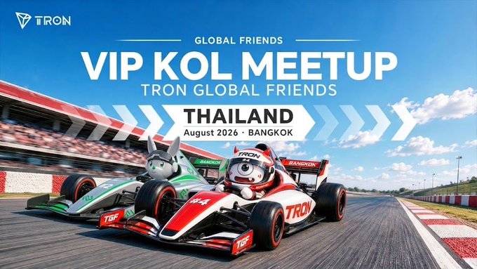 Promotional banner for a TRON Global Friends VIP KOL Meetup in Bangkok, Thailand in August 2026, featuring Formula 1-style race cars with TRON and bitkub liveries.