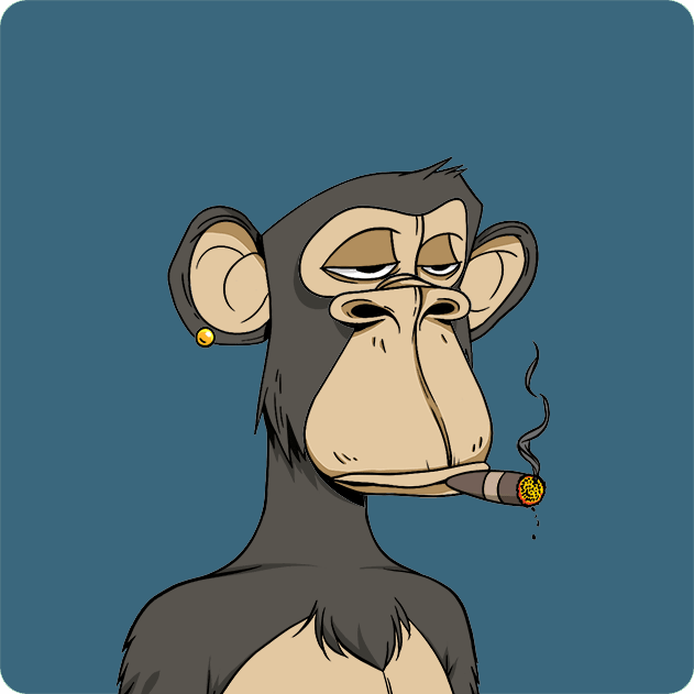 A cartoon illustration of a bored-looking chimpanzee with droopy eyelids smoking a cigar, wearing a gold earring, against a solid blue-gray background.